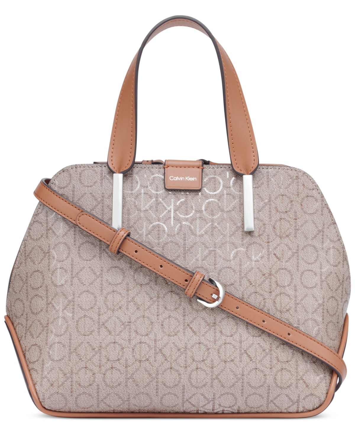 Calvin Klein Audrey Signature Convertible Satchel In Almond Taupe,caramel