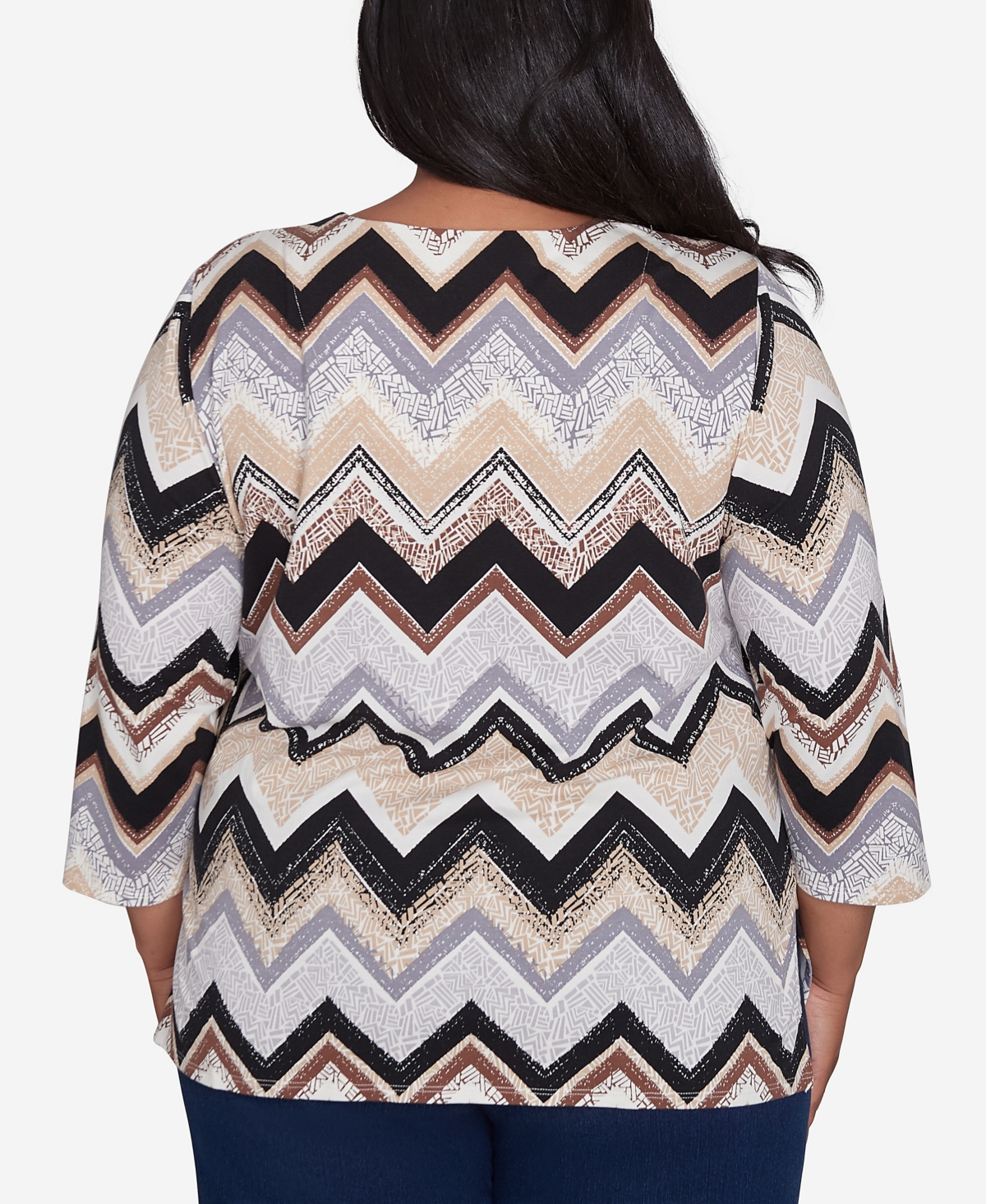 Alfred Dunner Petite Key Items Zig Zag Split Neck Top In Black,tan