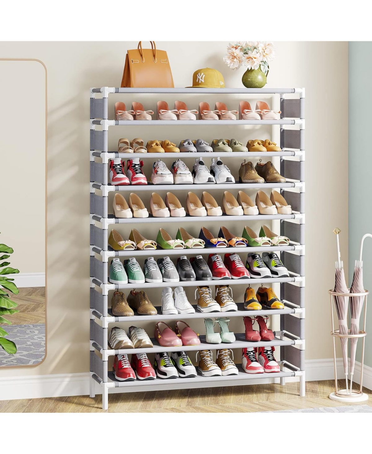 Upgraded 10 Tiers Shoe Rack, Large Capacity Shoe Shelf, Tall Shoe Organizer for 50 Pairs, Space Saving Shoe Storage Rack - Grey