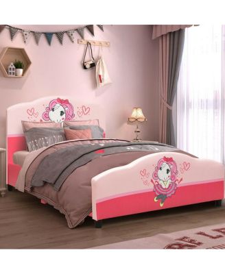 Kids Children Upholstered Platform Toddler Girl Pattern Bed