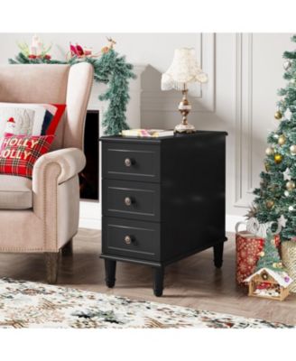 Solid Wood End Table Set of 2, Fully Assembled Narrow Side Table with Drawers, Pre-Assembled Nightstand Slim Bedside Table, Black