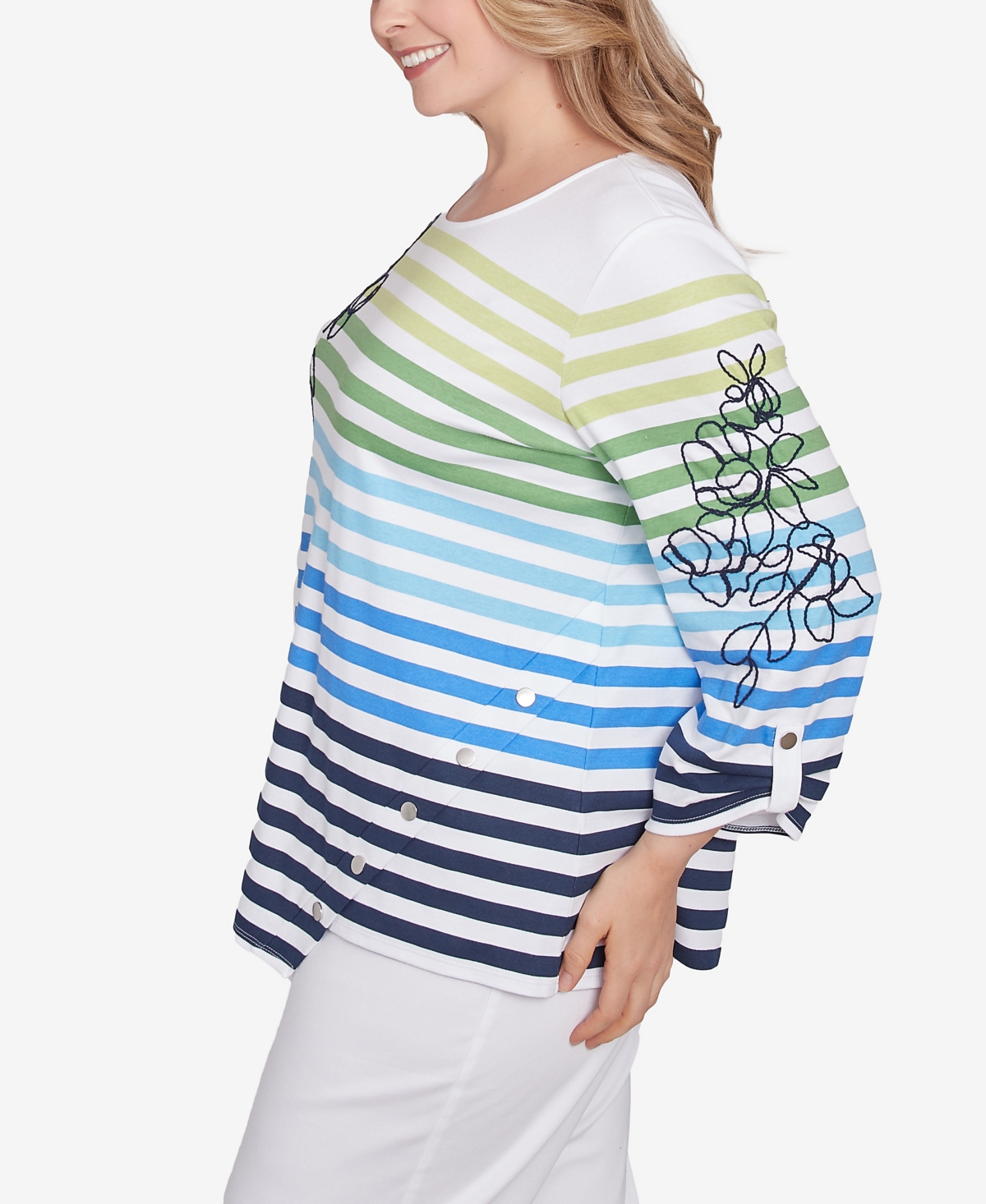 Ruby Rd. Plus Size Striped Embellished Three Quarter Sleeve Top In True Navy Multi
