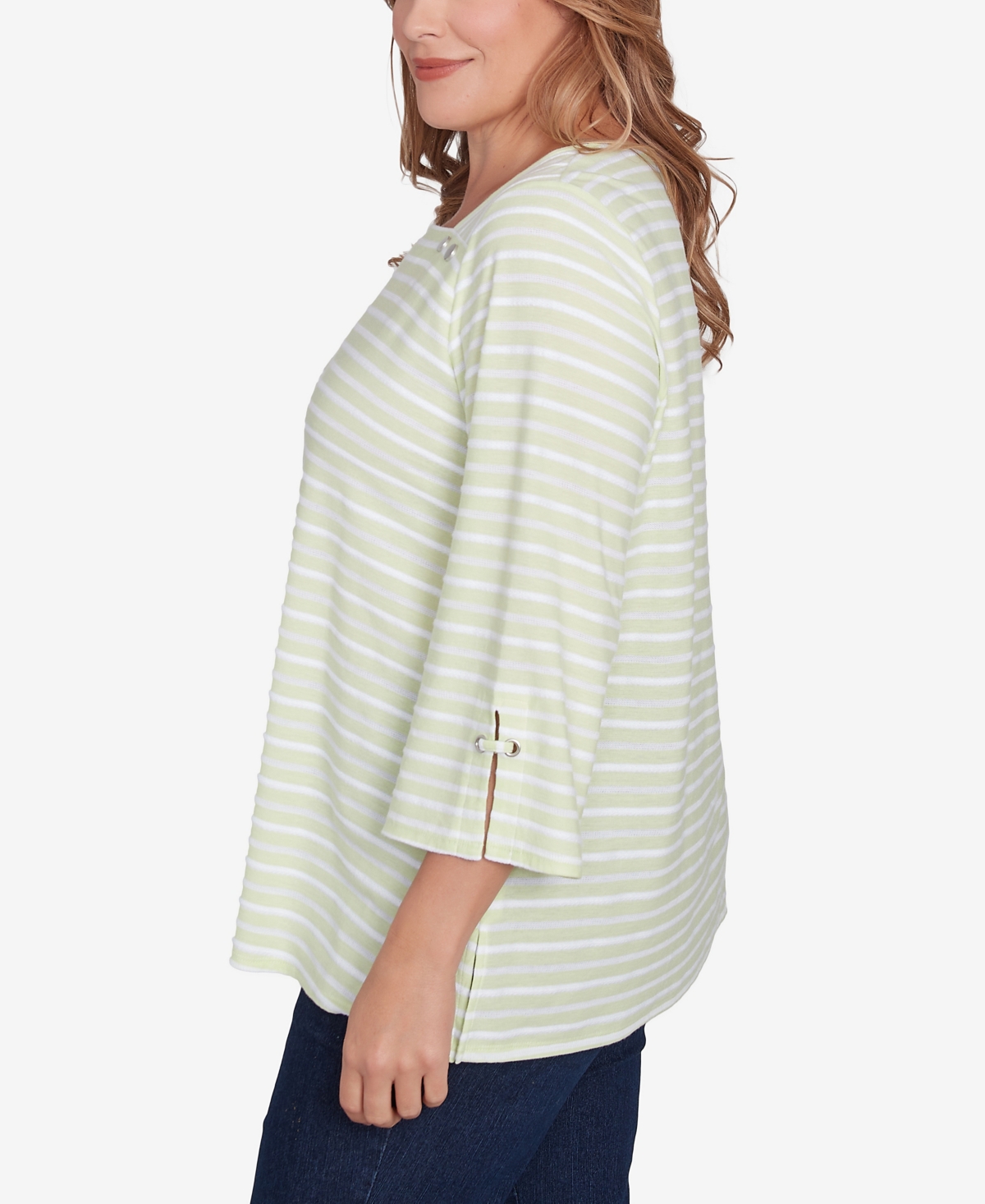 Ruby Rd. Plus Size Ribbon Stripe Laced Sleeve Top In Avocado Multi