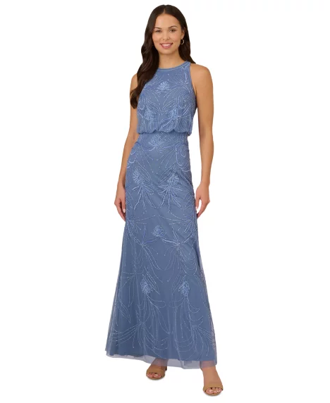 Petite Beaded Embellished Halter Gown - French Blue