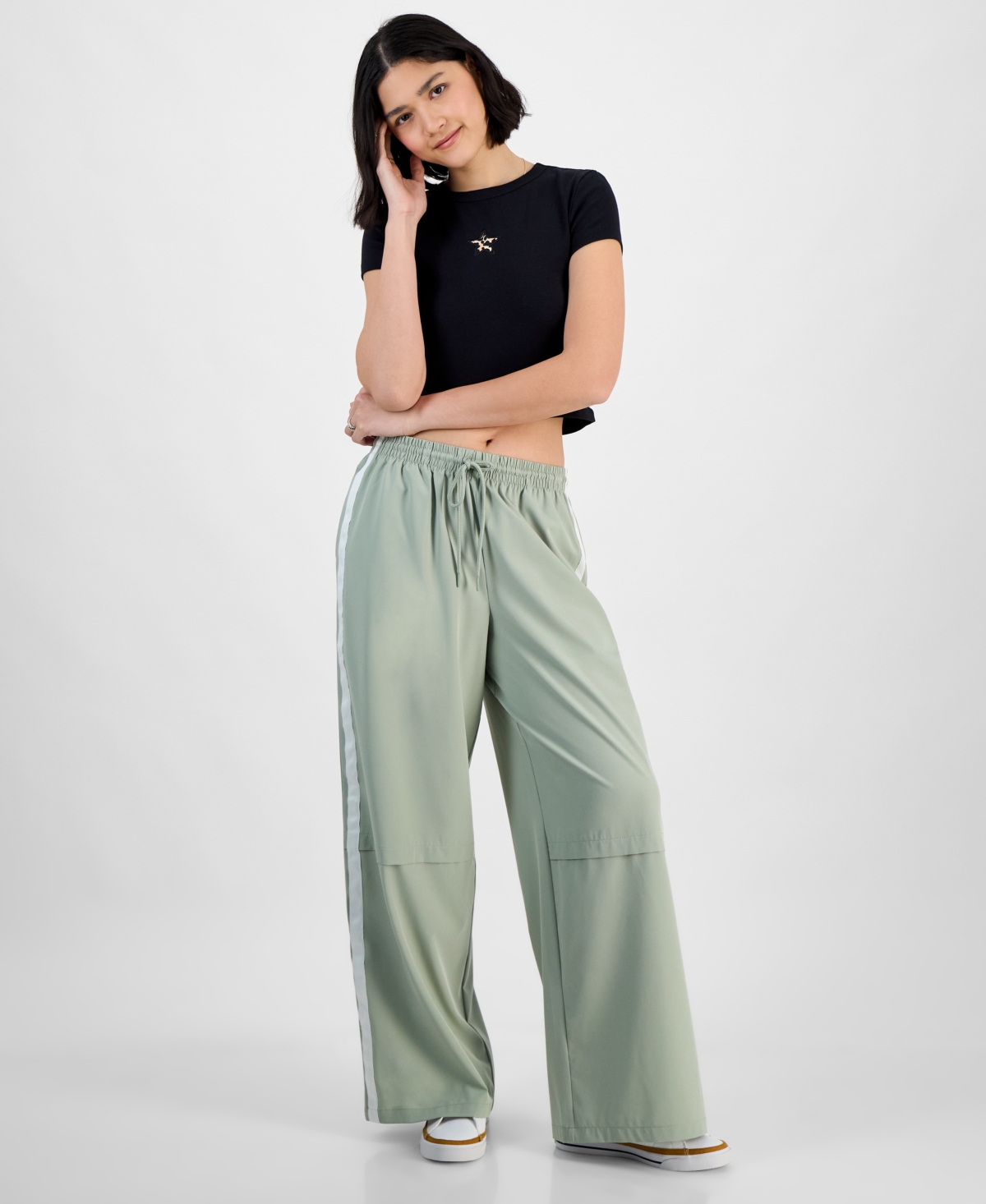 Shop Hippie Rose Juniors' Side-stripe Wide-leg Track Pants In Sage