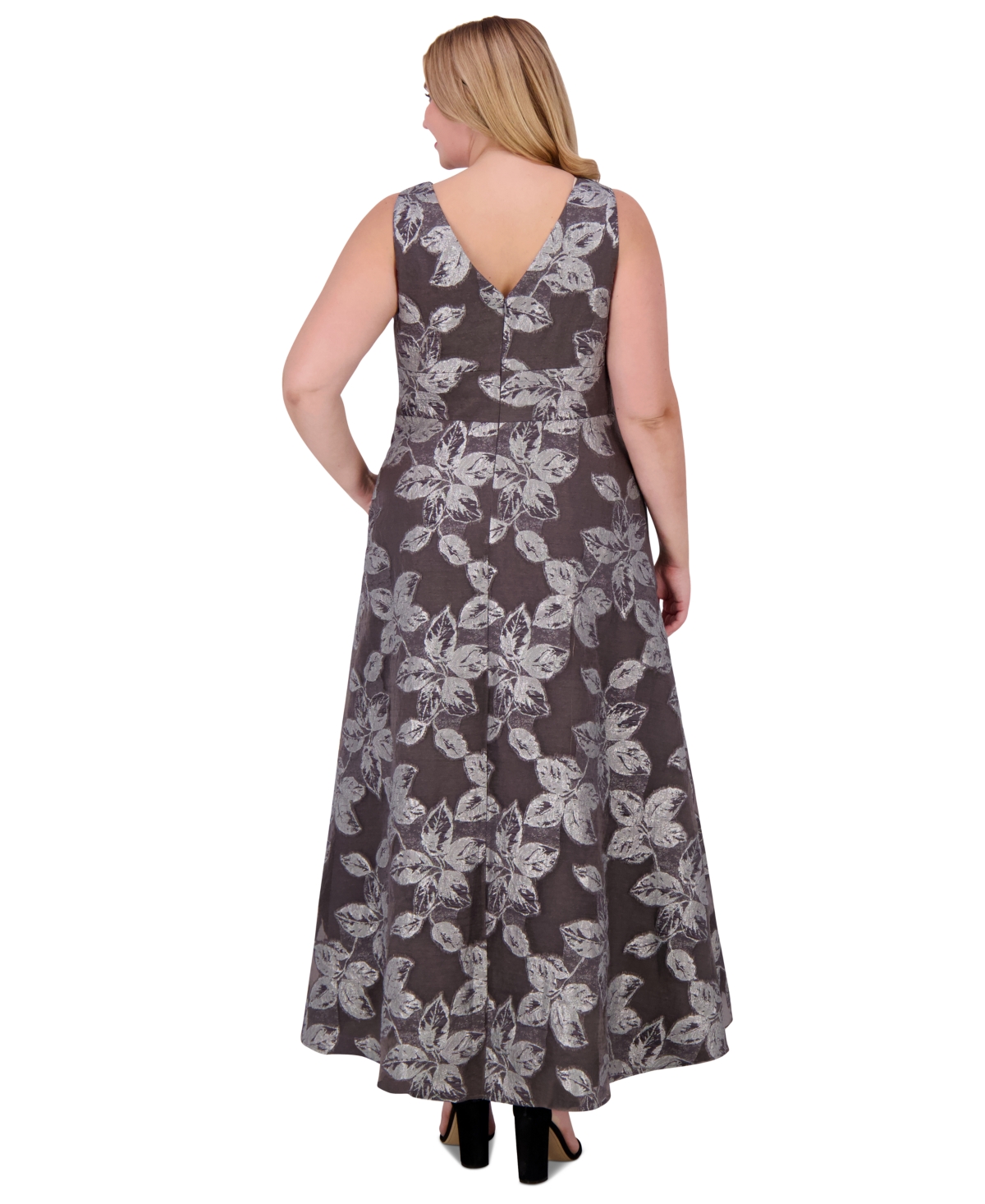 ELIZA J PLUS SIZE METALLIC-THREADED FLORAL-PRINT BALL GOWN 