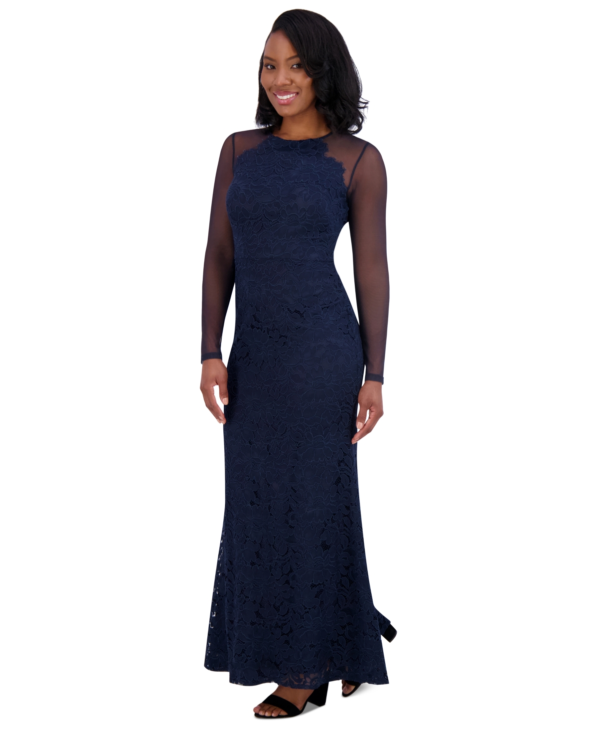 ELIZA J WOMEN'S EMBROIDERED ILLUSION-SLEEVE GOWN 