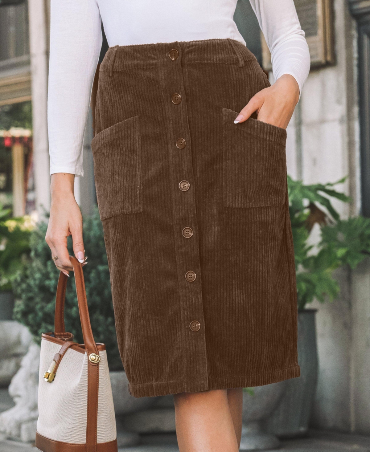 Cupshe Women'sCorduroy Button Up Patch Pocket Midi Skirt - Brown