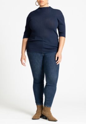 Women's Plus Size Sleek Funnel Neck Elbow Sleeve Sweater