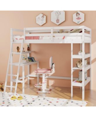 Twin Size Loft Bed with Desk and Bookshelves for Kids and Teens