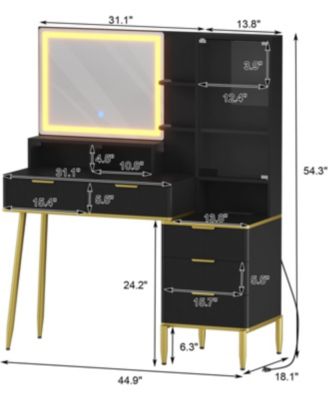 Makeup Vanity Desk with Lights & Power Outlet, Big Modern Fluted Vanity Desk with 30" Hd Lighted Mirror, 5 Drawers and Storage Shelf，Dressing Table for Women Girls,Black