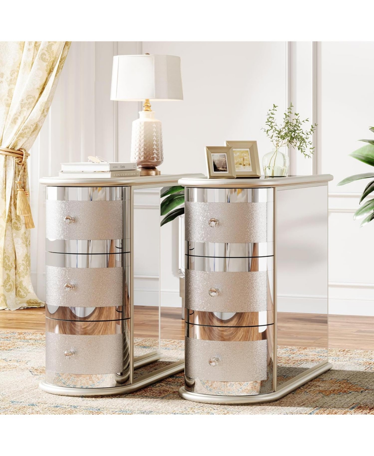 Tribesigns Wood End Table, 3-Drawer Mirrored Side Table, Narrow Sofa Side Table, No Assembly Required, Slim Nightstand Bedside Table for Living Room