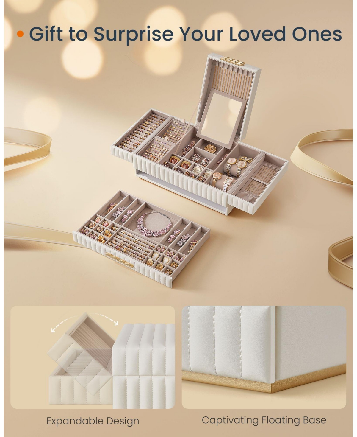 Slickblue 2-Tier Jewelry Box with Mirror, Large Capacity Jewelry Organizer with a Drawer, Pu Surface with Stitching, Cloud- White
