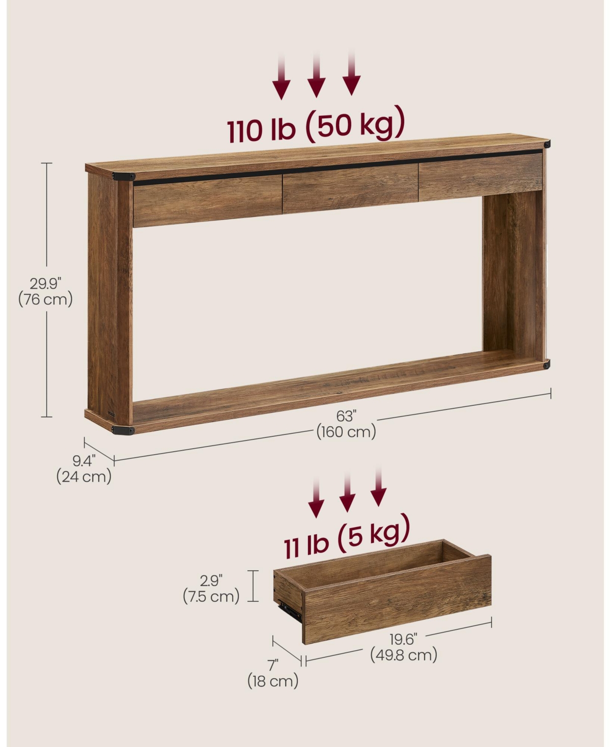 Slickblue 63-Inch Console Table with 3 Drawers Narrow Entryway Table for Living Room or Hallway