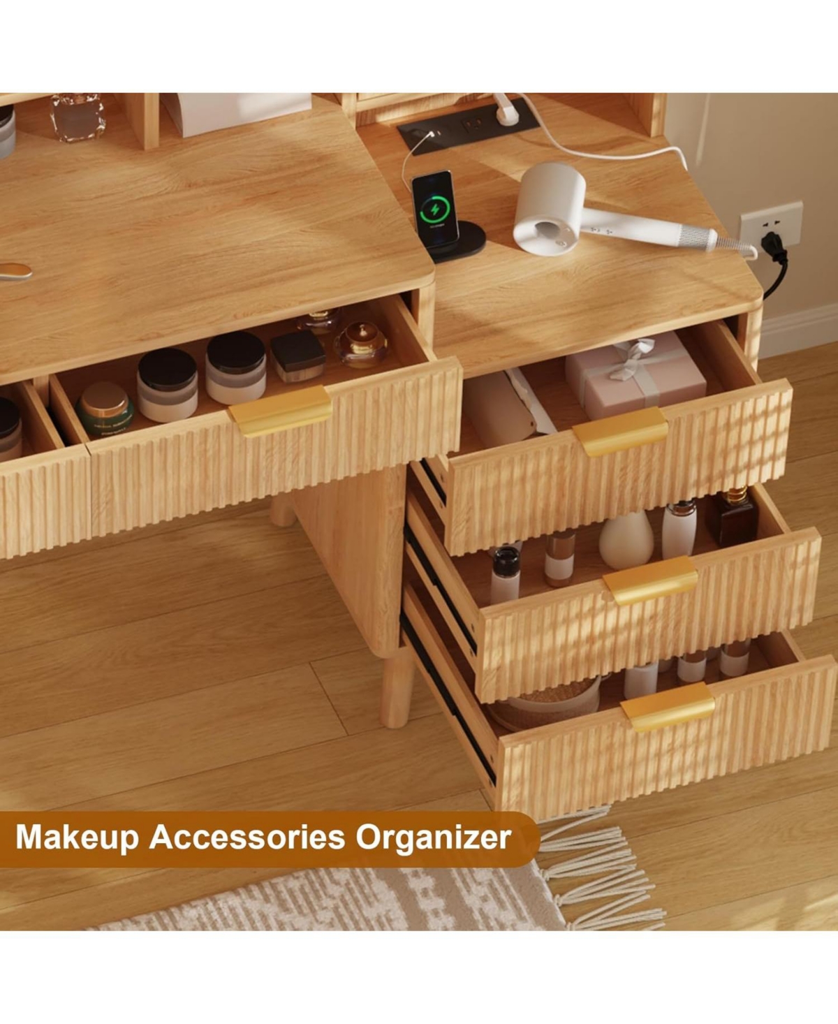 gaomon Makeup Vanity Desk with Lights & Power Outlet, Big Modern Fluted Vanity Desk with Hd Lighted Mirror, 5 Drawers and Storage Shelf，Dre