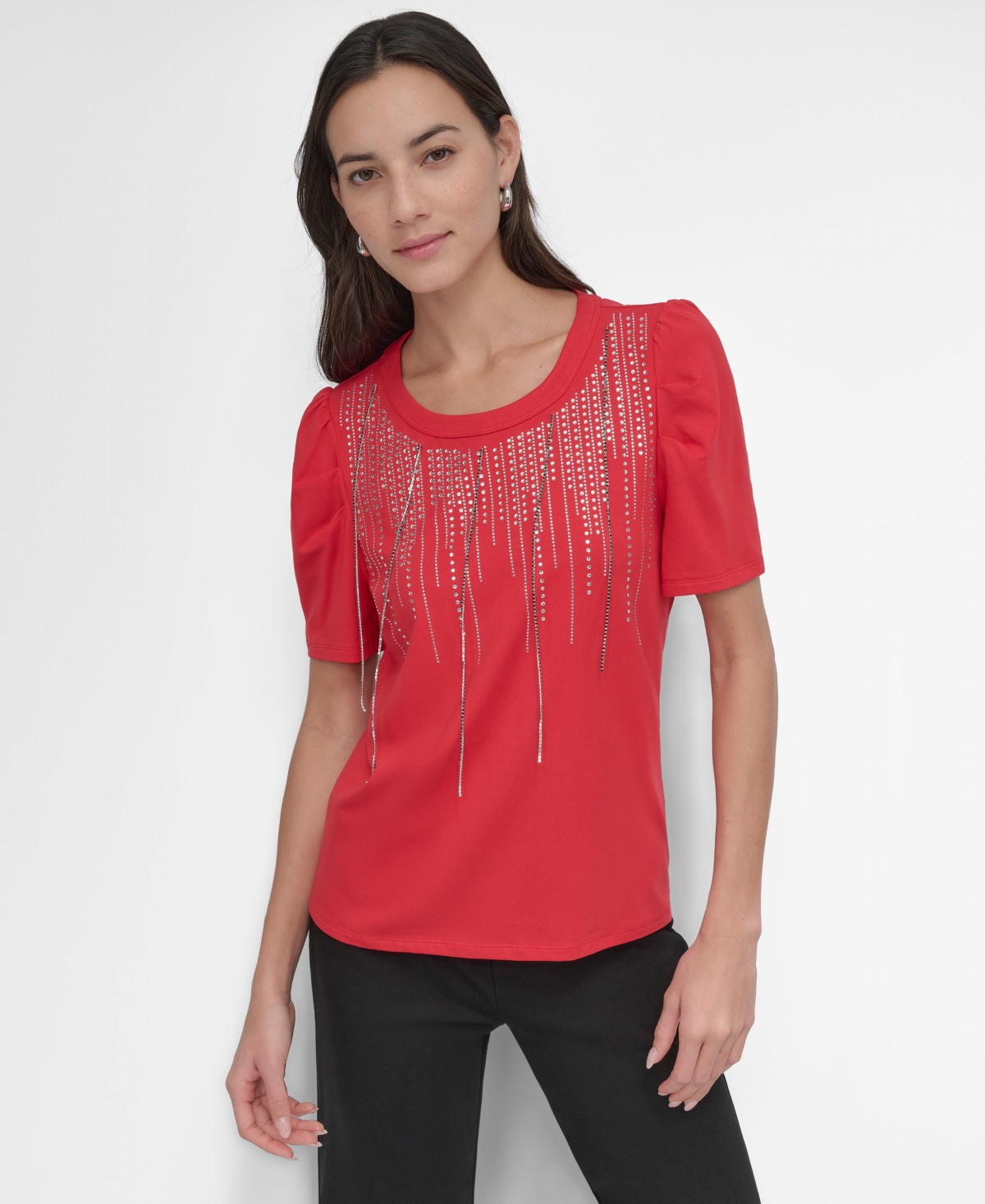Dkny Women's Crewneck Embellished-Fringe Short-Sleeve Top