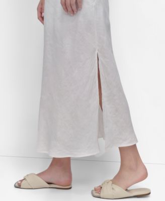 Women's Linen Panelled V-Neck Midi Dress