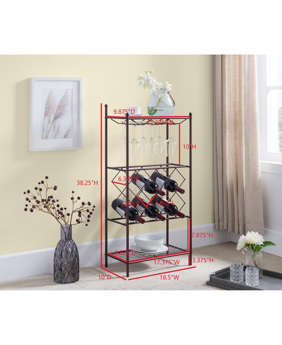 Kings Brand Furniture Freestanding Floor Metal Wine Rack Stand, Wine Bottle Liquor Cabinet with Glass Holder & Storage Shelves –- Bronz