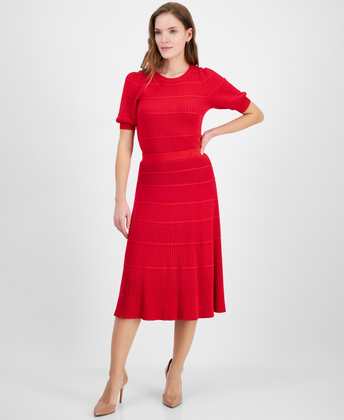 T Tahari Women's Mixed-rib Tiered Flared Midi Skirt In Gala Red,pink Heart