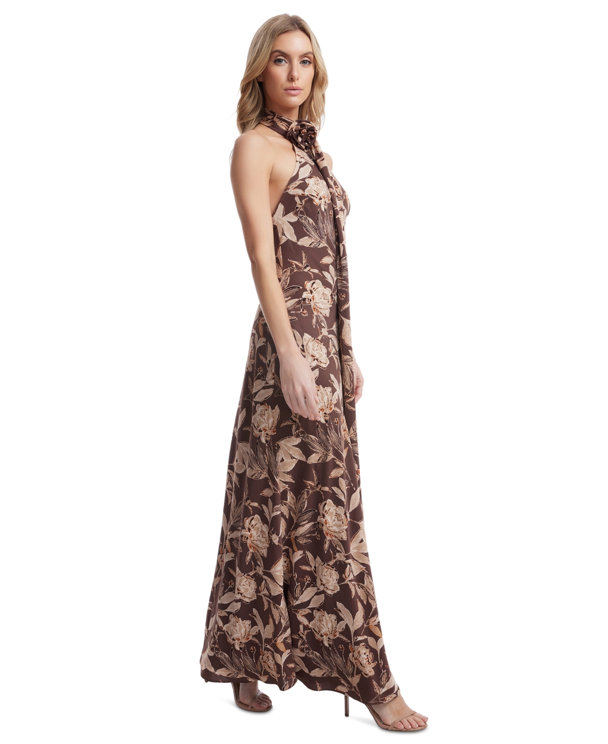 Shop Dress The Population Women's Olivia Floral-print Low-back Gown In Mocha Multi