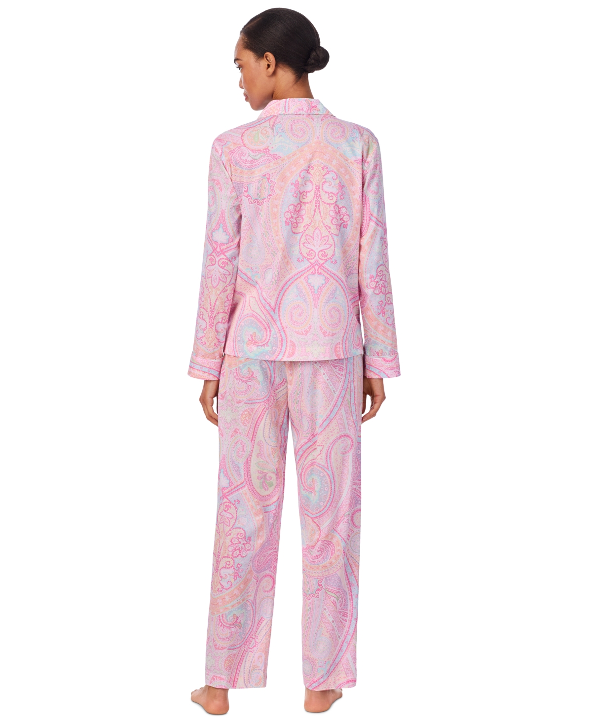 Shop Ralph Lauren Women's Long Sleeve Notch Collar Long Pant Pajama Set In Pink Paisley