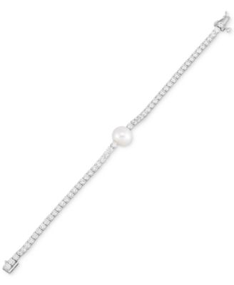 Cultured Freshwater Pearl (10mm) & Cubic Zirconia Tennis Bracelet in Sterling Silver