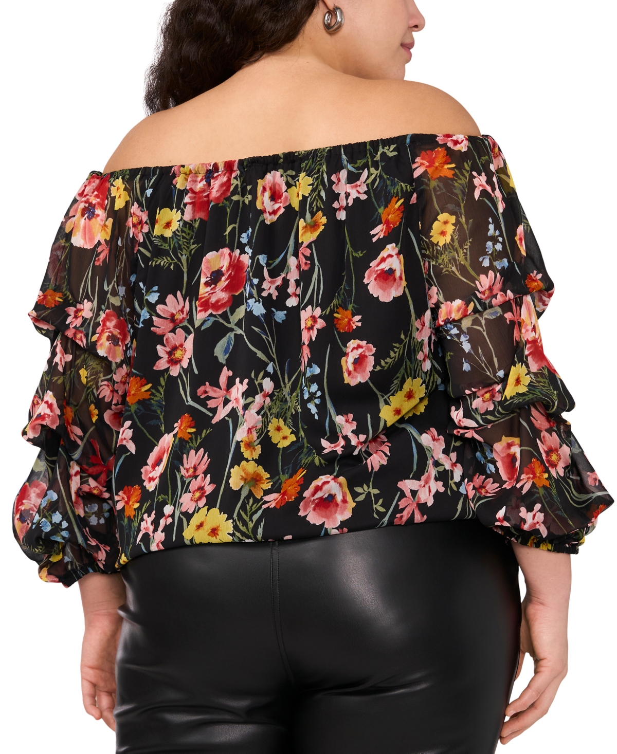 VINCE CAMUTO PLUS SIZE FLORAL OFF-THE-SHOULDER BUBBLE 3/4-SLEEVE TIE-FRONT BLOUSE 
