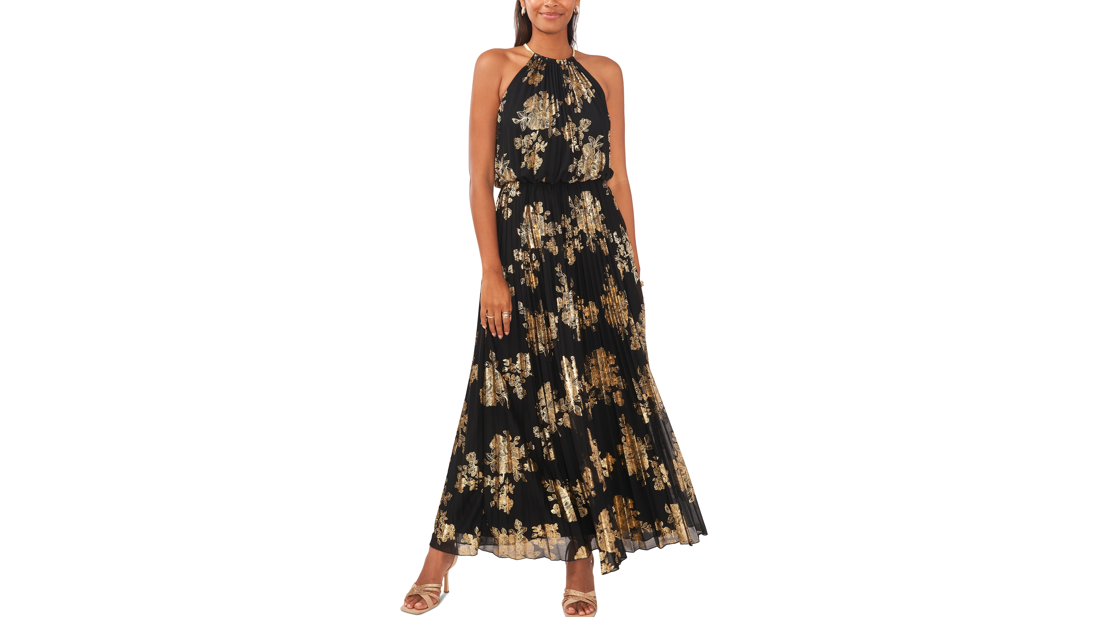 Msk Petite Pleated Gold-Print Gown