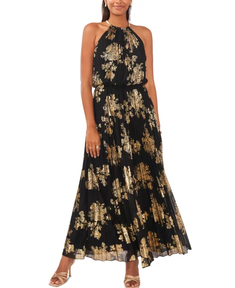 Petite Pleated Gold-Print Gown  - Black/Gold