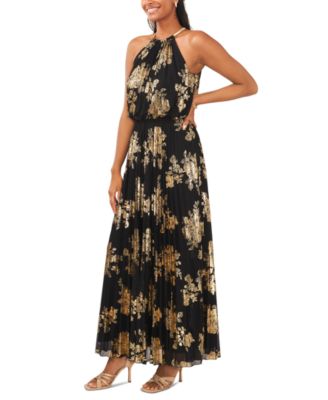 Petite Pleated Gold-Print Gown 