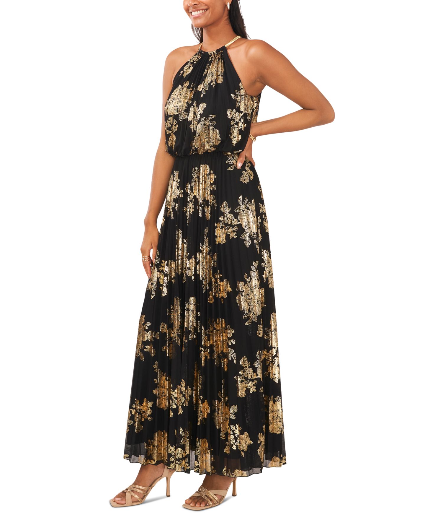 Женские платья MSK Metallic-Print Pleated Blouson Gown, цвет: Чёрный золотой — фото 3