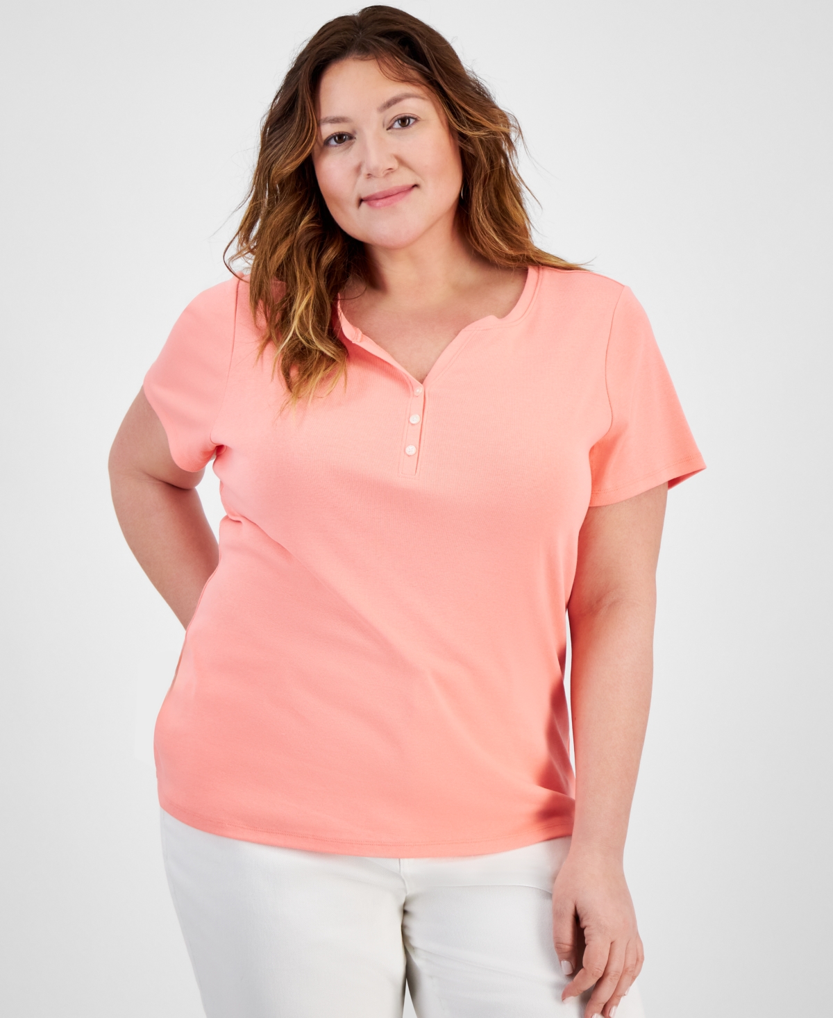 Plus Size Short-Sleeve Henley Top, Exclusively at Macy's - Salmon Rose
