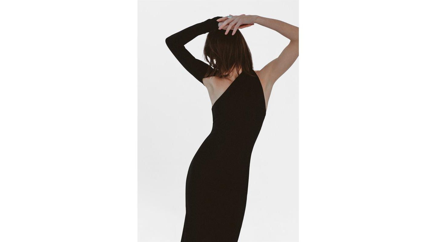 Женское платье Marcella Manhattan One-Shoulder Long-Sleeve Open-Back Fitted Midi, цвет: Чёрный — фото 6