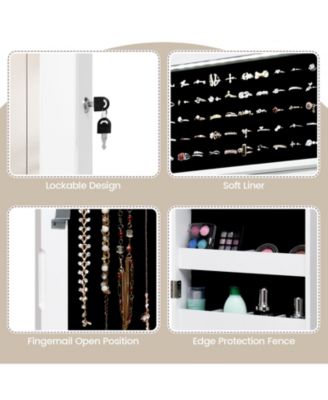 Lockable Wall Door Mounted Mirror Jewelry Cabinet with LED Lights