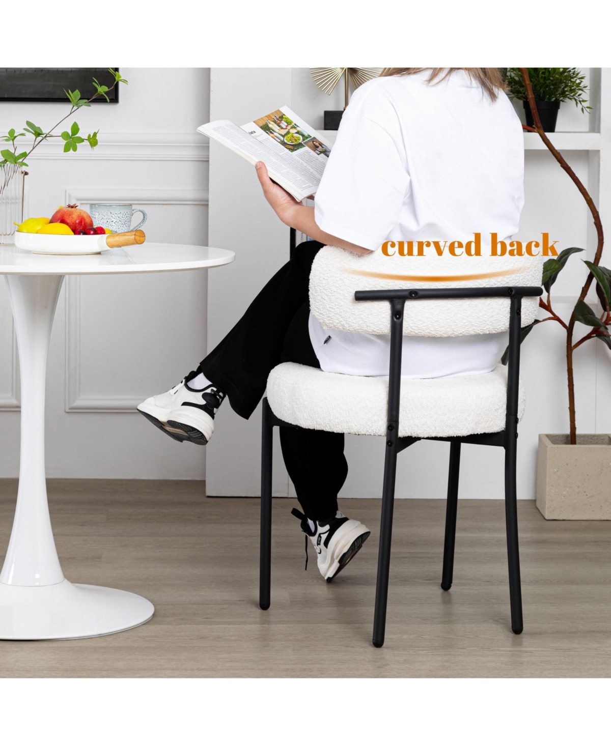 Dyhome Dining Chairs Set of 6, Mid-Century Modern Dining Chairs, Kitchen Dining Room Chairs, Curved Backrest Round Upholstered Boucle Sherpa Dining Ch