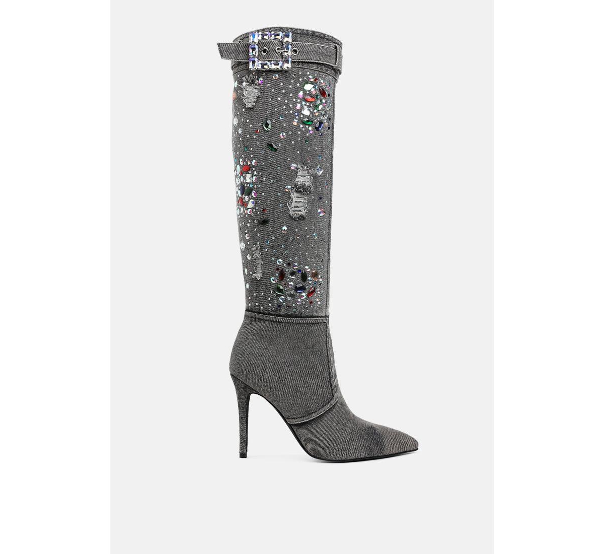 Cornik Multi Color Stones Denim Boots - Black