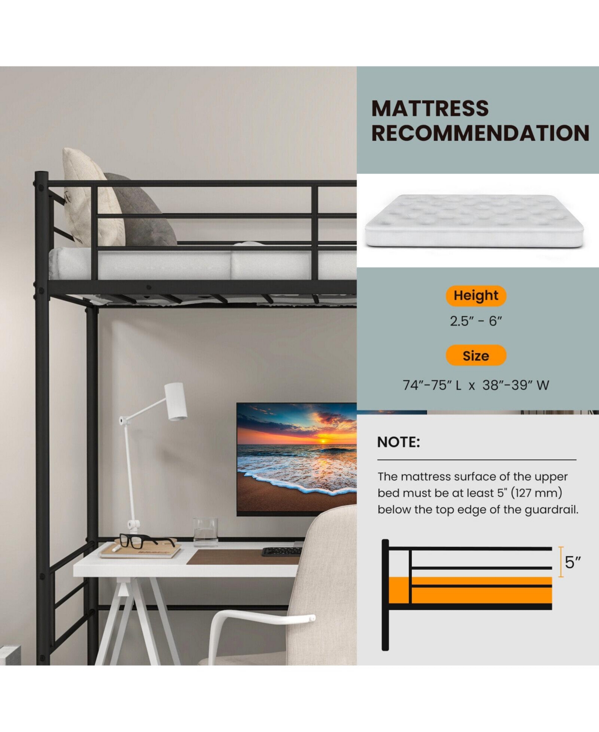 Gouun Metal Loft Twin Bed Frame Single High Loft Bed