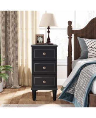Solid Wood End Table, Fully Assembled Narrow Side Table with Drawers, Pre-Assembled Nightstand Slim Bedside Table, Black