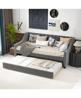 Twin Size Daybed with Trundle Sofa Bed with Curved Armrests and Backrest