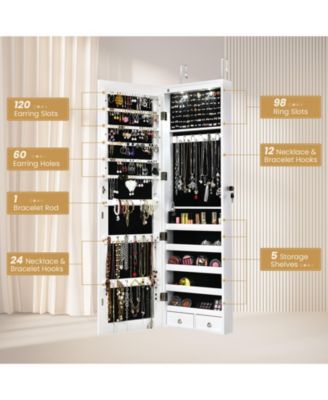 Wall and Door Mounted Mirrored Jewelry Cabinet with Lights