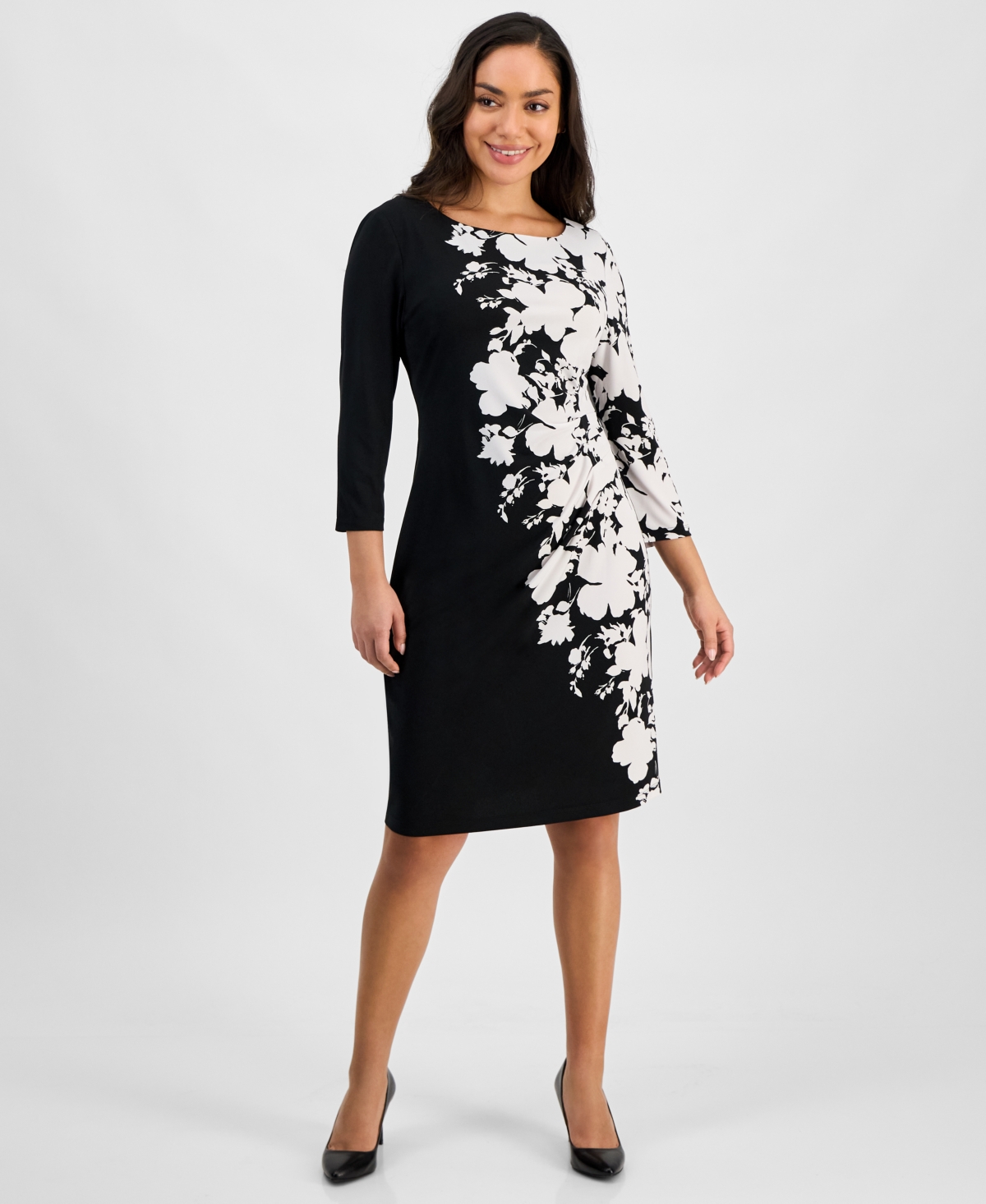 Connected Petite Printed 3/4-sleeve Sheath Dress In Black