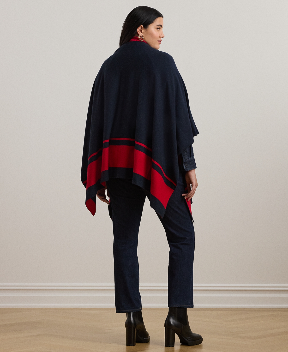 Shop Ralph Lauren Plus Size Two-tone Poncho In Lauren Navy,festive Red