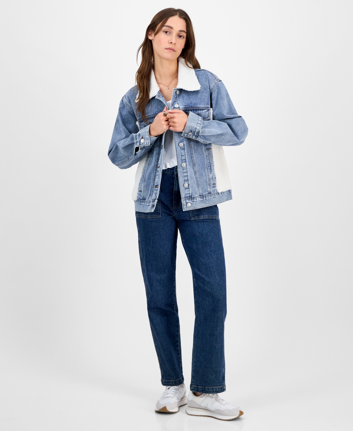MADDEN GIRL JUNIORS' FAUX-SHERPA BOYFRIEND DENIM JACKET 