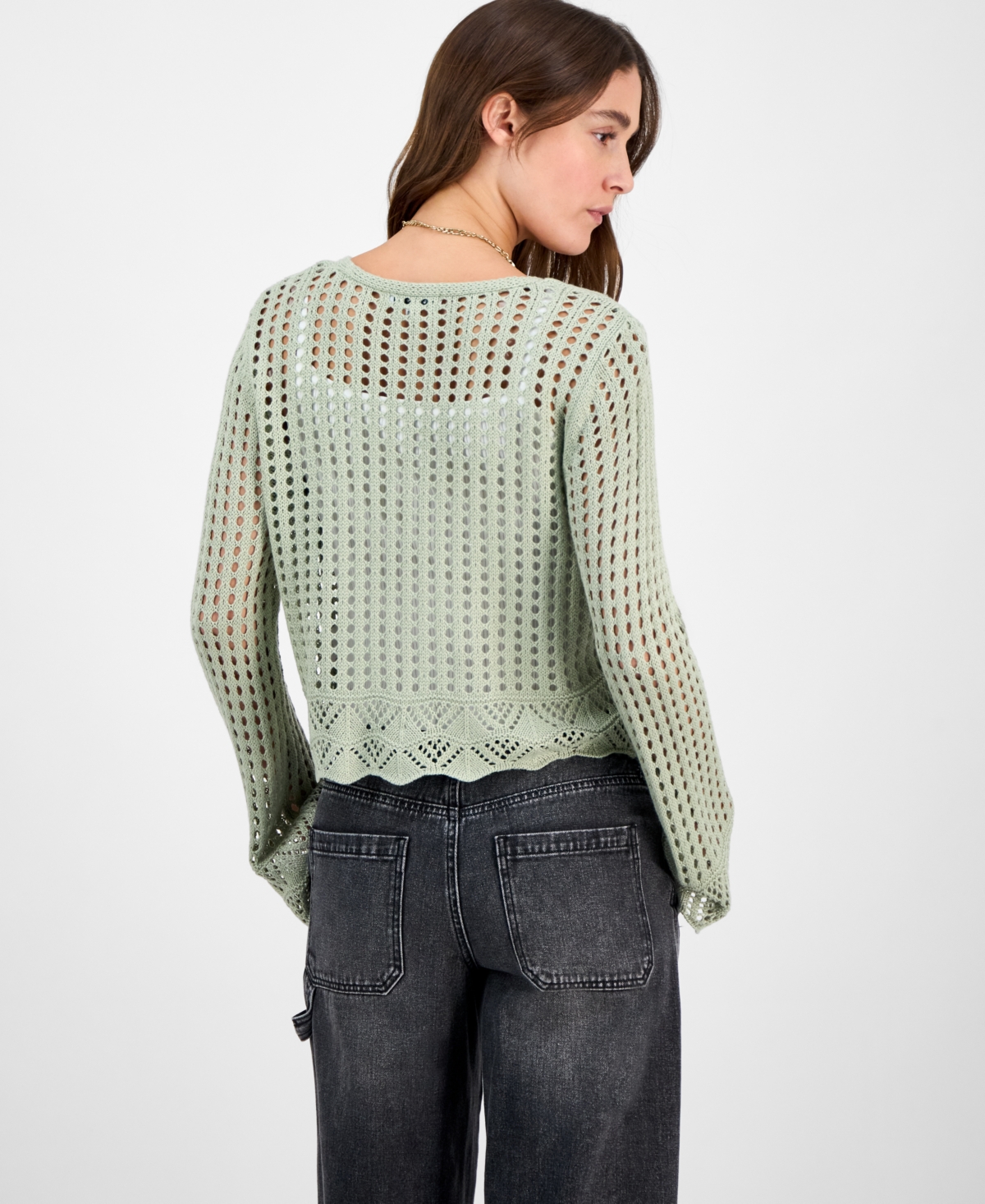 Hooked Up By Iot Juniors' Tie-front Crochet Cardigan Sweater In Desert Sage