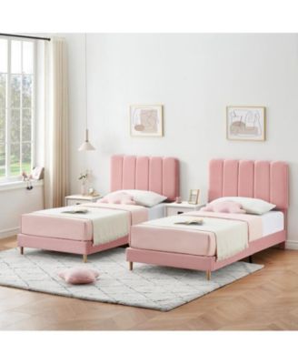 Pink Twin Bed Frame, Velvet Upholstered Platform Bed Frame with Headboard, Strong Wooden Slats, Noise-Free,No Box Spring Needed, Easy Assembly