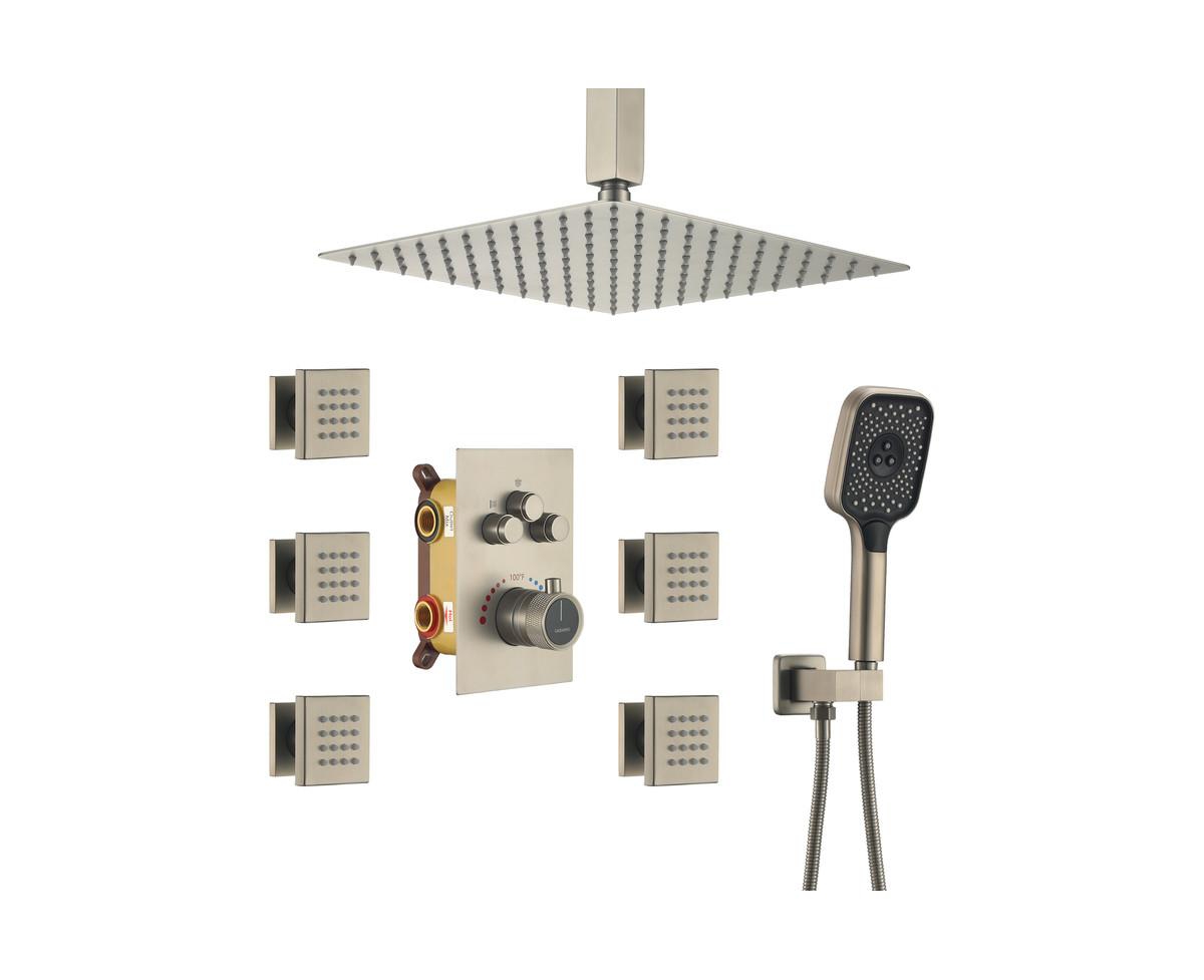 3-Function 12 Inch Ceiling Mount Rainfall Thermostatic Shower System with 6 Body Jets - Chrome