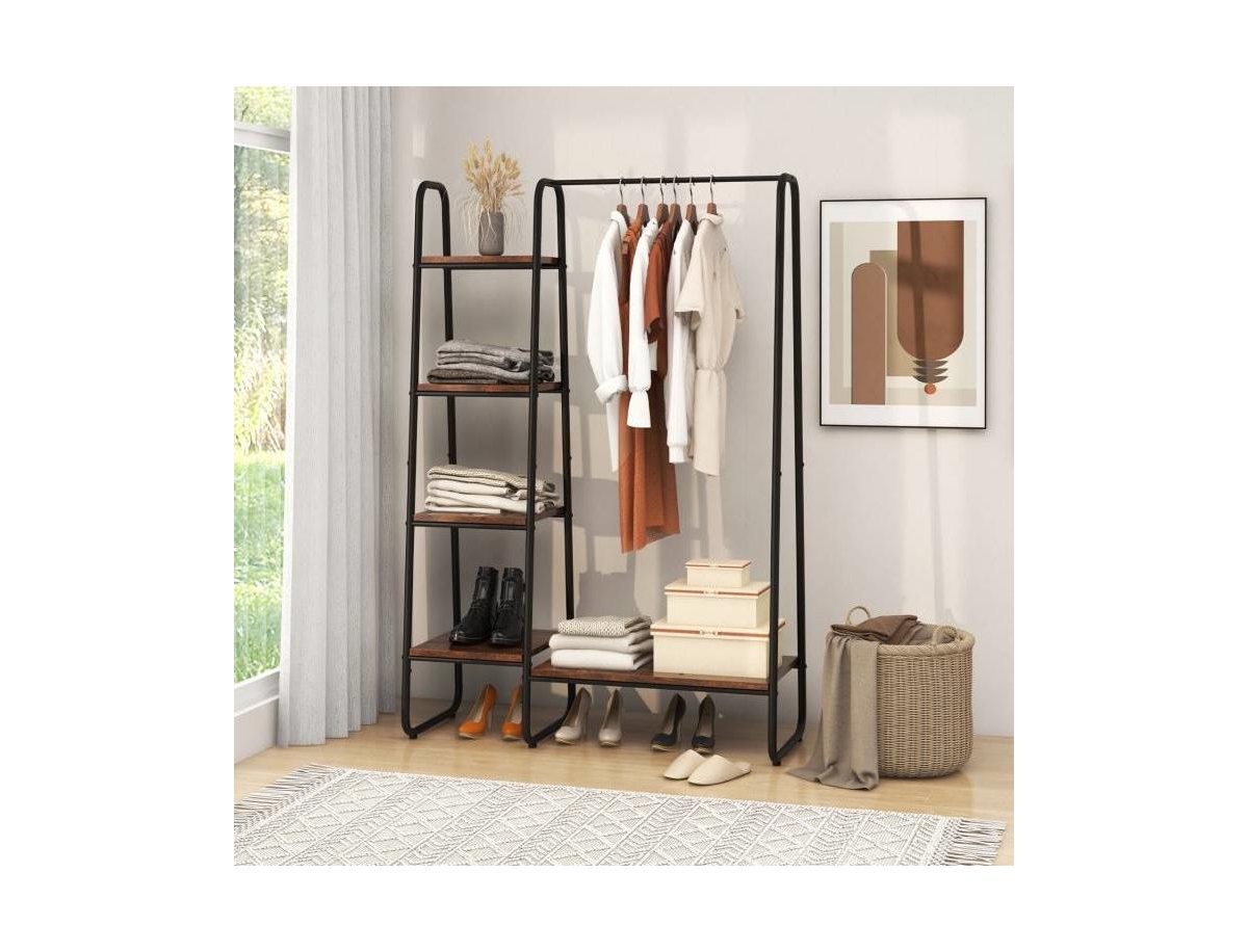 Slickblue Industrial Wood Garment Rack with Clothes Hanging Bar and Storage Shelves Stylish and Practical - Black
