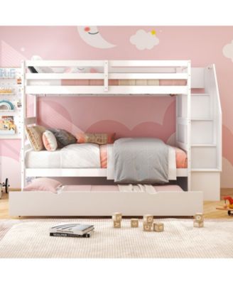 Home Wood Bunk Bed with Guard Rail and 4-step Storage Stairs No Box Spring Needed