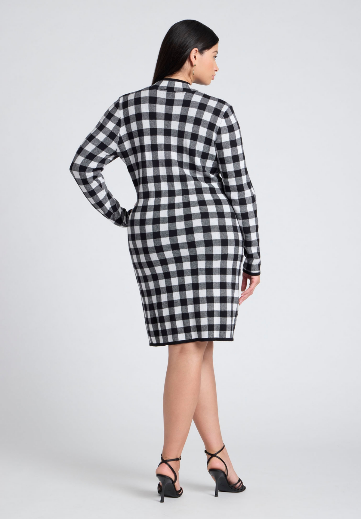 Eloquii Plus Size Intarsia Long Sleeve Drees - Black and white gingham