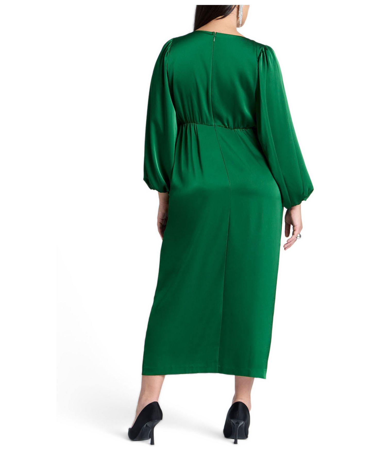 Женское платье ELOQUII Pleated Satin Puff-Sleeve Maxi, цвет: Чёрный оникс — фото 3